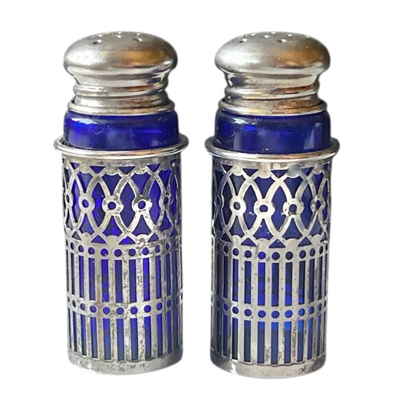 F B Rogers Silver Overlay Cobalt Blue Glass Salt & Pepper Shakers Vintage - Picture 3 of 9